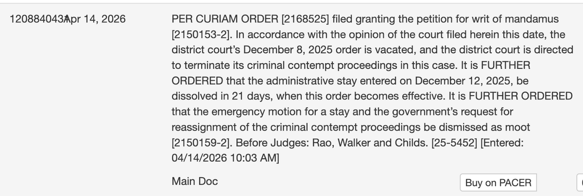 rparloff's tweet photo. DC panel has (again) BLOCKED Judge Boasberg from investigating possible criminal contempt by DOJ and DHS officials, including now-Judge Bove, in connection with sending Venezuelans to CECOT against his order. (I can't access full ruling yet.) Panel: Judges Rao (Trump) Walker (Trump) & Childs (Obama)