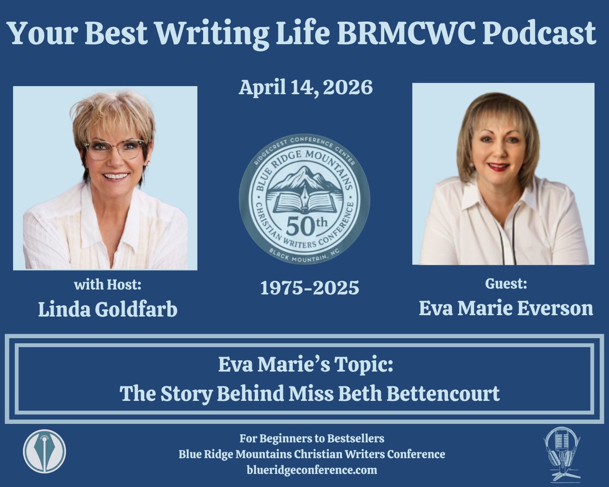 BRMCWC's tweet photo. Excited to welcome Eva Marie Everson today on Your Best Writing Life Podcast! Hope you’ll check it out. You can find all episodes on our website with the link in our Bio!

#brmcwc #yourbestwritinglife #BRMCWCpodcast @stop2pray @edwinaperkins @tickledpinktam @Lindagoldfarb https://t.co/XITkVDVnk0