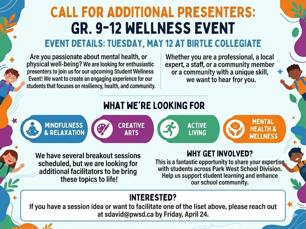 📣 Share your passion. Make an impact.

PWSD is seeking presenters for our Gr. 9–12 Wellness Event (May 12 at BCI).

Topics: mental health, creativity, active living &amp; wellness.

📩 sdavid@pwsd.ca by April 24