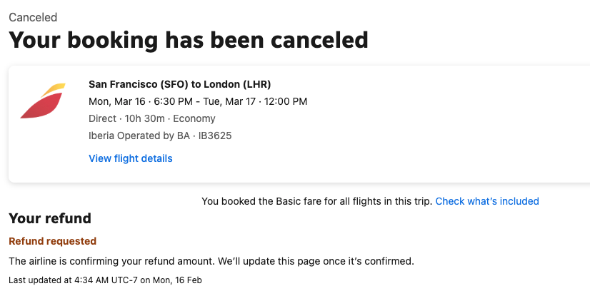 panquechido's tweet photo. @Iberia booked a flight early this year on @bookingcom. It was canceled by you back in Feb 9. It's been more than 2 months and https://t.co/bBPFH0CeAf hasnt refunded my money claiming that you haven't refunded them. Can I get this sorted out asap? Next is filling report w/@USDOT https://t.co/V6CXMly0J5