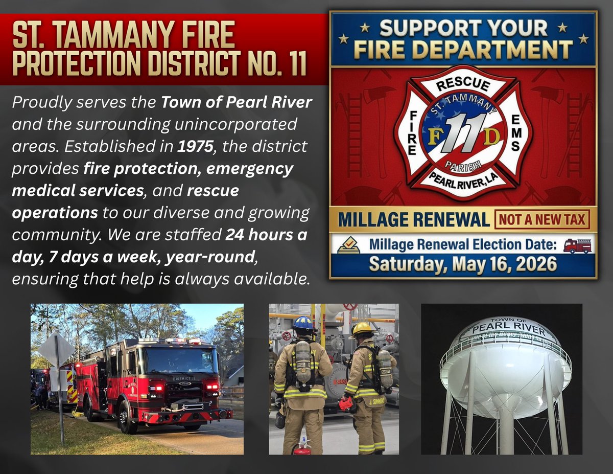 pearlriverfire's tweet photo. 𝗦𝘁. 𝗧𝗮𝗺𝗺𝗮𝗻𝘆 𝗙𝗶𝗿𝗲 𝗣𝗿𝗼𝘁𝗲𝗰𝘁𝗶𝗼𝗻 𝗗𝗶𝘀𝘁𝗿𝗶𝗰𝘁 𝗡𝗼. 𝟭𝟭 is honored to serve our community. Our firefighters stand ready, 𝟐𝟒 𝐡𝐨𝐮𝐫𝐬 𝐚 𝐝𝐚𝐲, 𝟕 𝐝𝐚𝐲𝐬 𝐚 𝐰𝐞𝐞𝐤, and 𝟑𝟔𝟓 𝐝𝐚𝐲𝐬 𝐚 𝐲𝐞𝐚𝐫. https://t.co/yjX8UNAnKh
