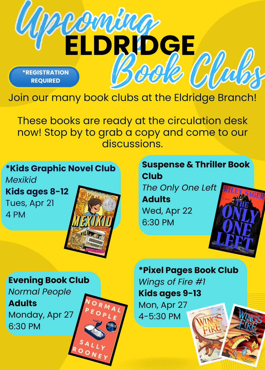 📖 Looking for a book club? Join us in Eldridge this April! New members are always welcome. Stop by the circulation desk to pick up your book! 📅 Check out other SCLS branch book clubs here: bit.ly/sclscal