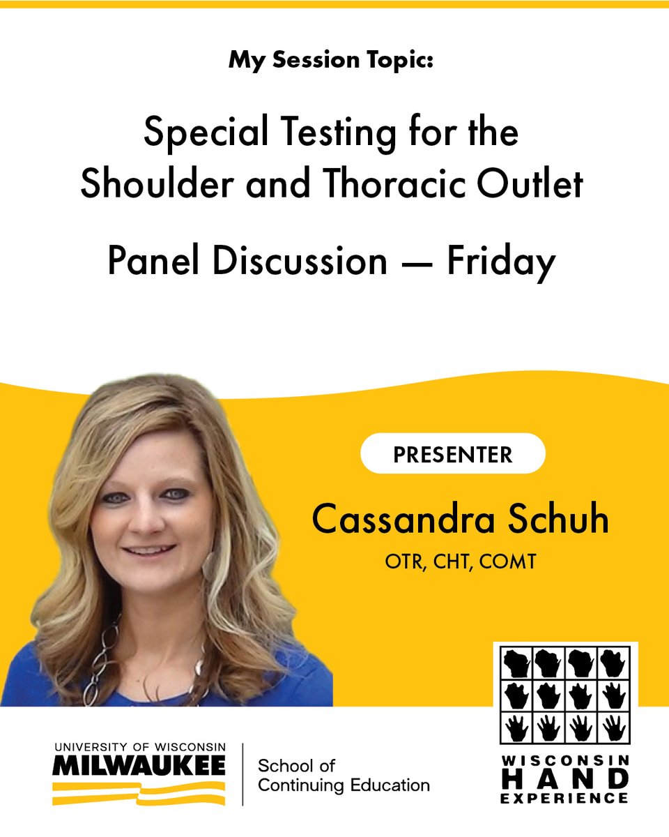 Join Cassandra Schuh, OTR, CHT &amp; COMT, a WI Hand Experience presenter, for her session on Special Testing for the Shoulder and Thoracic Outlet.

✅ Secure your spot today! bit.ly/45Hg8hI