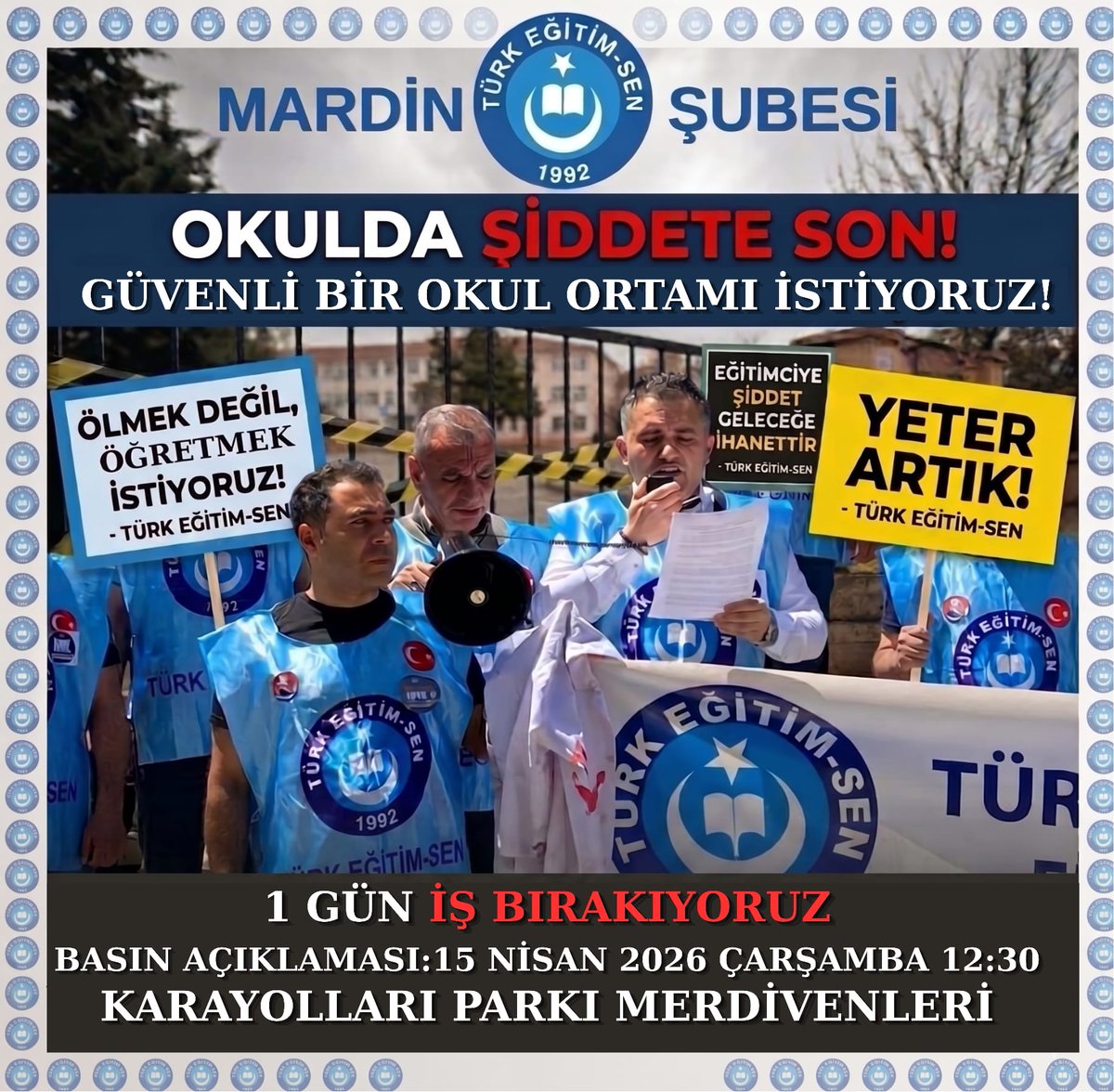 Öğretmen, ölmek için değil;
Öğretmen için okula gidiyor.
Yöneticiler eylem kırıcılığı yapmaya değil;
okulların güvenli hale getirmeye çalışmalıdır.
Tüm taleplerimizi 15 Nisan 2026 Çarşamba 12:30 da Karayolları Parkı Merdivenlerinde dile getiriyoruz
#EğitimdeŞiddeteHayır
#Siverek