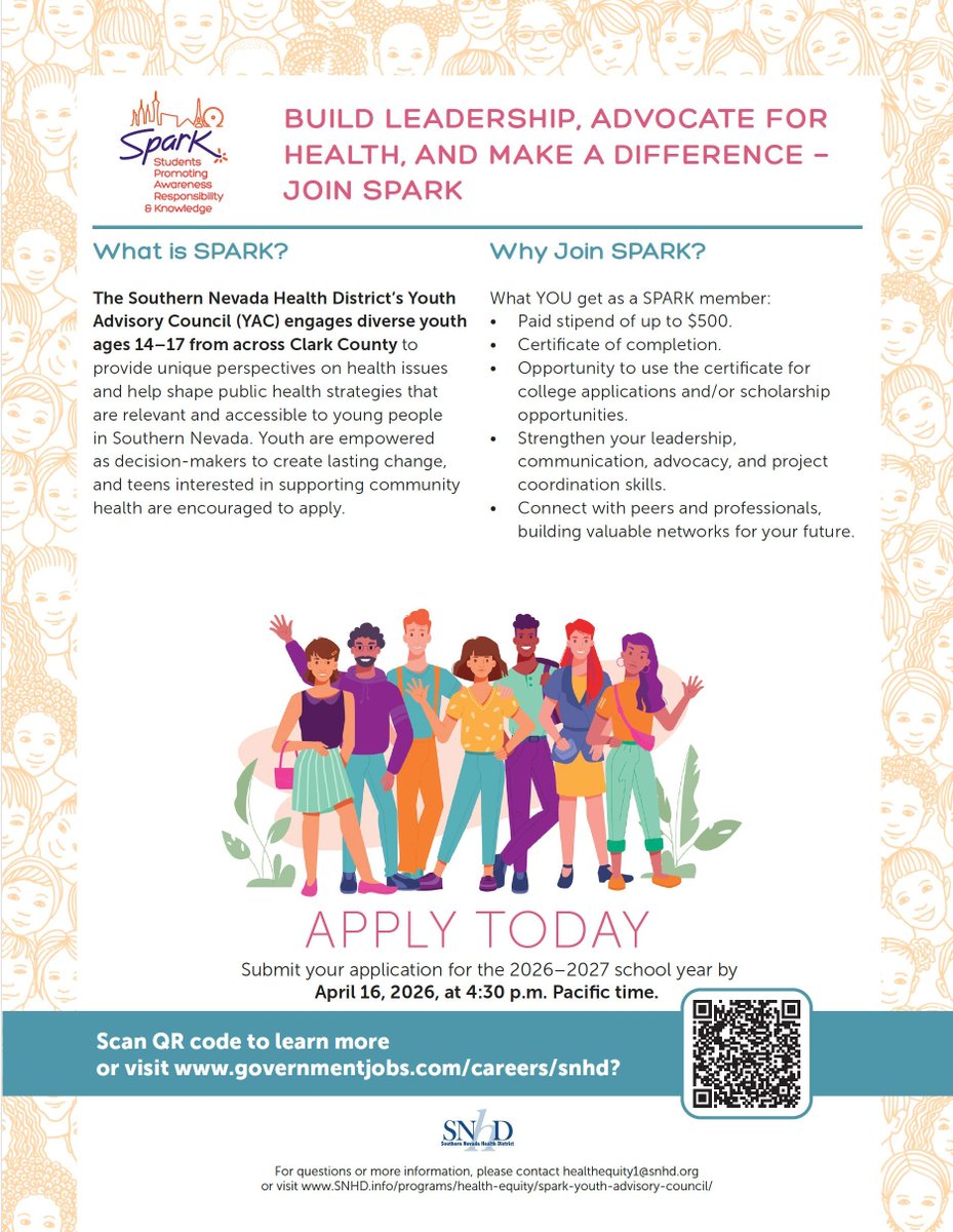 SNHDinfo's tweet photo. Applications are closing soon!
Join the SPARK Youth Advisory Council to build leadership and advocacy skills, connect with peers and public health professionals, and help shape healthier communities.

🗓 Apply by April 16 at 4:30 PM PT
Learn more: https://t.co/kETbJrYIwA https://t.co/G7Eq8jjkG6
