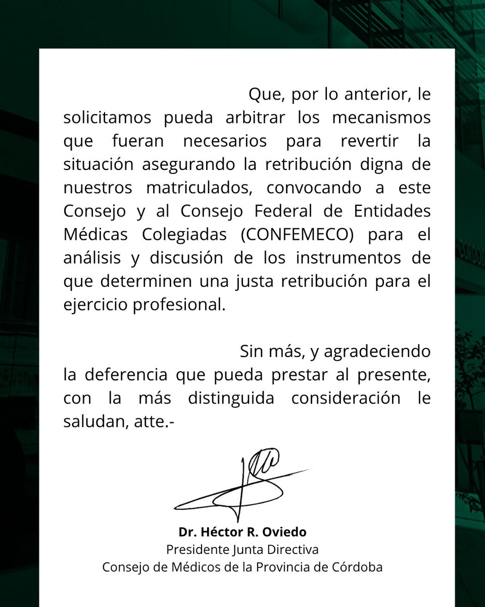 CMPCBA's tweet photo. Carta de la Junta Directiva del Consejo de Médicos de la Provincia de Córdoba al Sr. Director Ejecutivo de la Unidad de Gestión Local INSSJyP ( PAMI ) https://t.co/dGKE0gcsES
