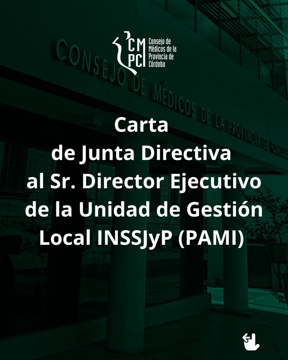 CMPCBA's tweet photo. Carta de la Junta Directiva del Consejo de Médicos de la Provincia de Córdoba al Sr. Director Ejecutivo de la Unidad de Gestión Local INSSJyP ( PAMI ) https://t.co/dGKE0gcsES