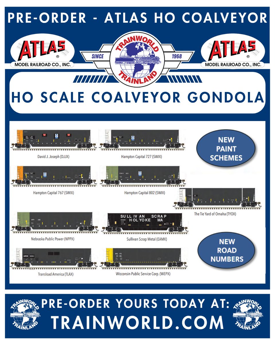Trainworld's tweet image. Atlas Master Coalveyor Gondola for HO Scale for Pre-Order! trainworld.com/shop-by-brand/…

Available for Pre-Order: Trainworld.com @atlasrr

#trains #train #modeltrain #modelrailroad #railfans #railfans_of_instagram #railfanning #trainworld #trainland #toytrain #modeltrains