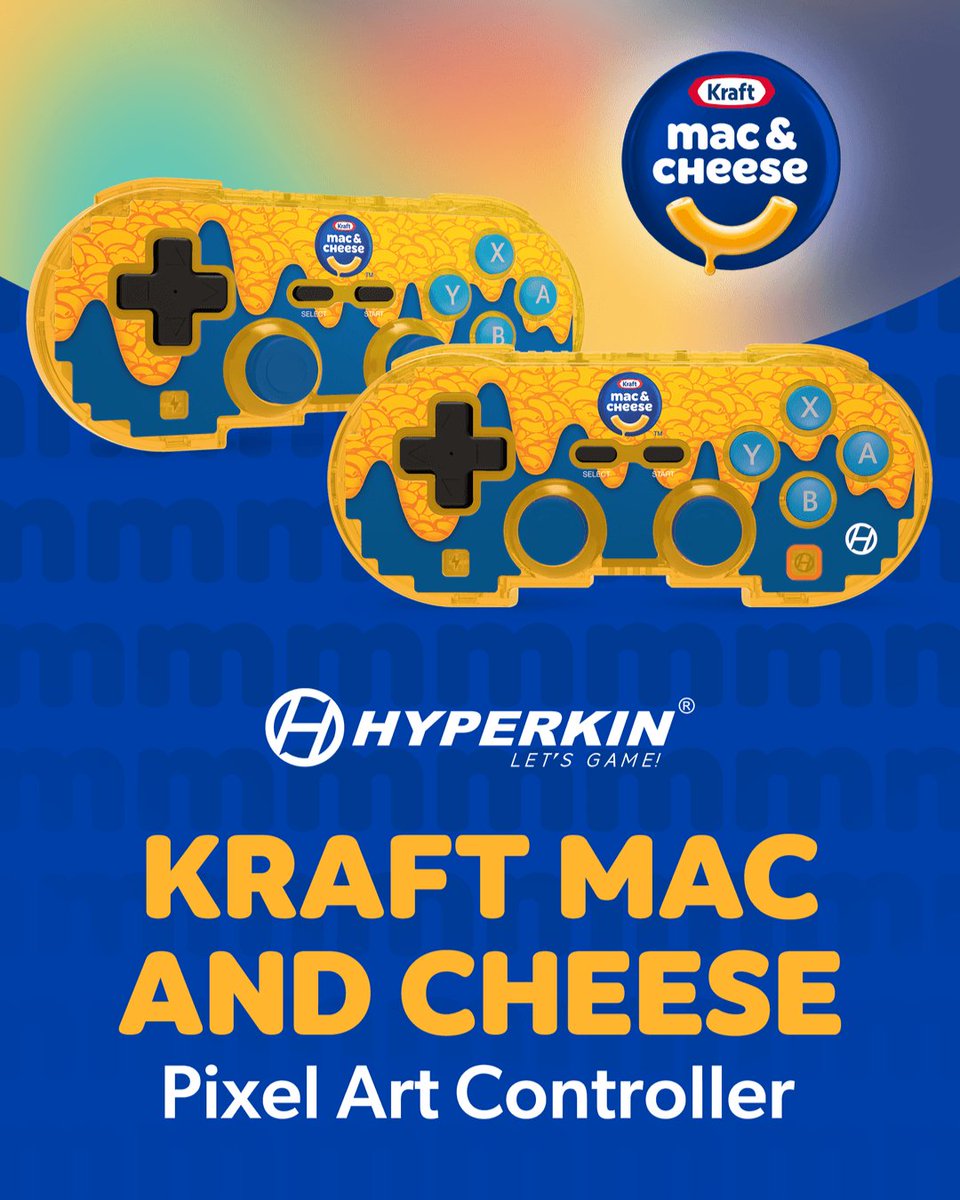 Hyperkin's tweet photo. Some people bring snacks to game night.
Some people become the snack. 🧀🎮
The Hyperkin Kraft Mac & Cheese Pixel Art Controller is for anyone raised on blue boxes and late-night lobbies.
https://t.co/yr66lmxEFs
#Hyperkin #PixelArt #KraftMacAndCheese #Gaming https://t.co/XzpTXGXqLX