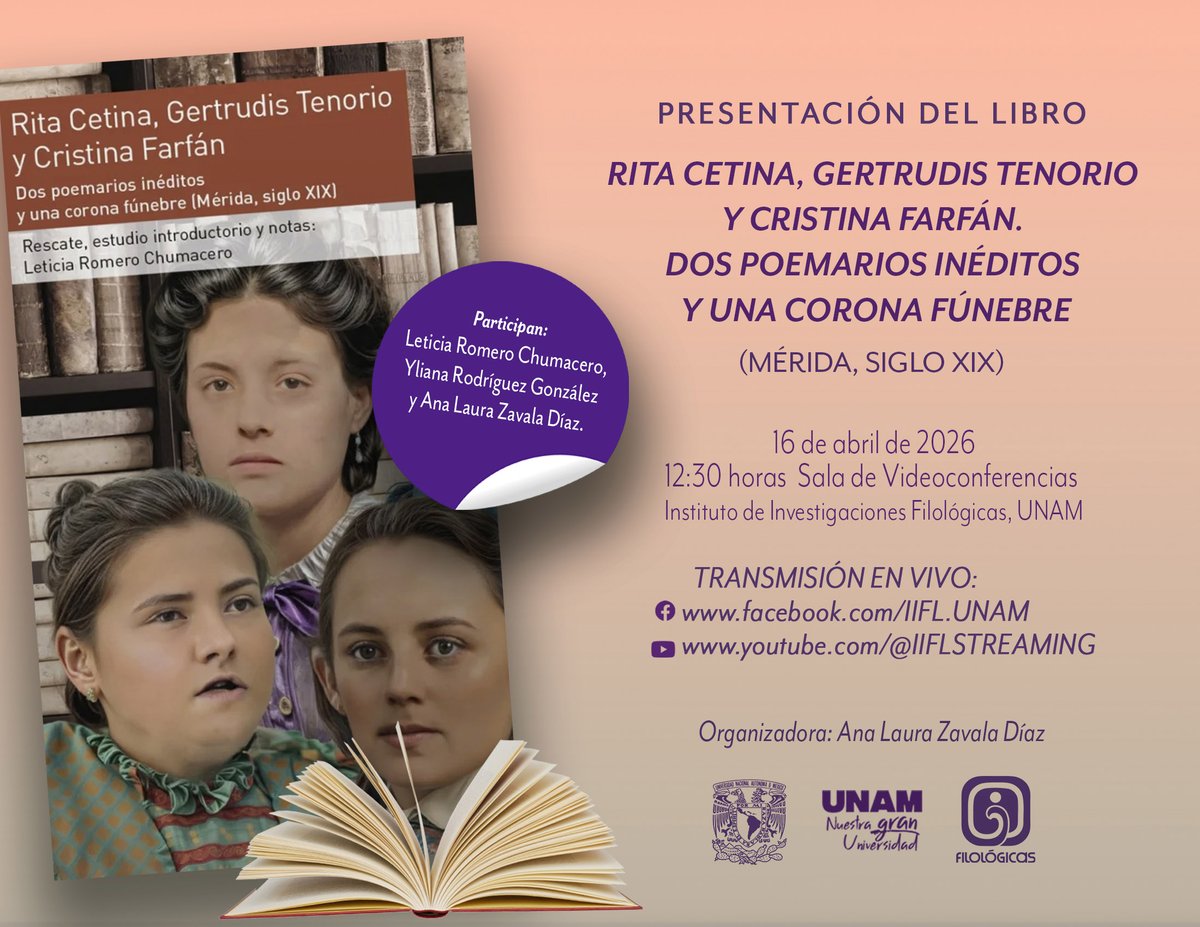IIFL_UNAM's tweet image. #EsMañana la la presentación del libro Rita Cetina, Gertrudis Tenorio y Cristina Farfán. Dos poemarios inéditos y una corona fúnebre (Mérida, siglo XIX)

⌚12:30 horas
📍Sala de Videoconferencias
💻 Transmisión a través de #FacebookLive y por el canal de #YouTube IIFL Streaming