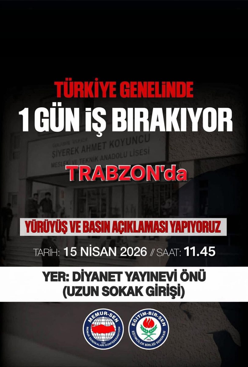 OKULA YÖNELİK SALDIRIYI PROTESTO İÇİN İŞ BIRAKIYORUZ!

Siverek Ahmet Koyuncu Mesleki ve Teknik Anadolu Lisesi’nde gerçekleşen menfur saldırıyı protesto etmek; eğitimcilerimize, öğrencilerimize ve eğitim kurumlarımıza yönelen şiddete dikkat çekmek amacıyla 15 Nisan 2026 tarihinde