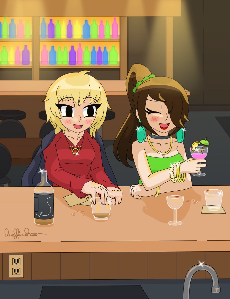 SourceoftheWind's tweet photo. I've got some new art for you today!

Uh, ladies, you may have a had a few too many, there... Ah well, at least you're having fun.
On a side note, this is the first time I've made standalone art with Kirlie (she's on the left). I've put most of my main characters in these now! https://t.co/RlbrJAJdXM