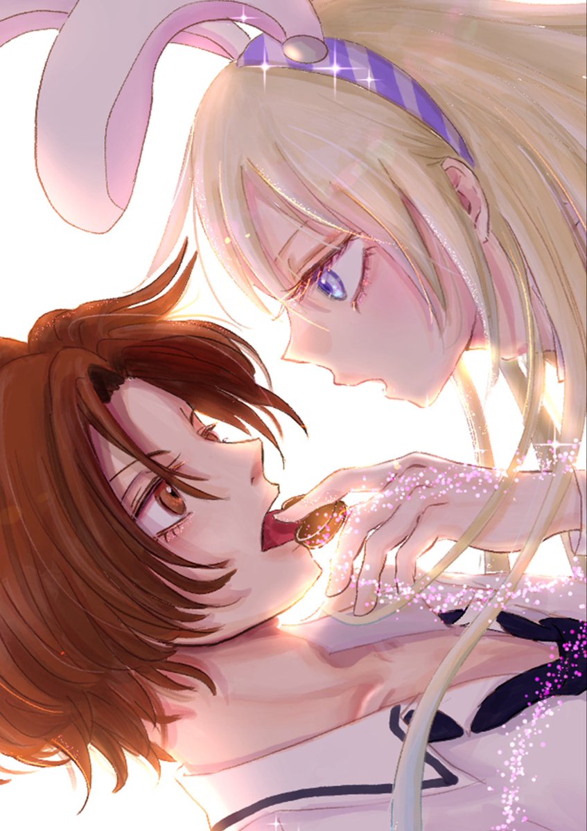 einueSPRB's tweet photo. バレンタインおまけ4コマもぶじ（？）完成〜

慣れないPixivにアップするのに1時間くらい持ってかれた_(:3 」∠)_w

もうまもなく力尽きそうなので
明日またこっちでも上げたいな

とりあえずチョコあーんしてる妄想絵🐰
#創作漫画 #創作BＬ #SPRB https://t.co/KaMKtDzlMz