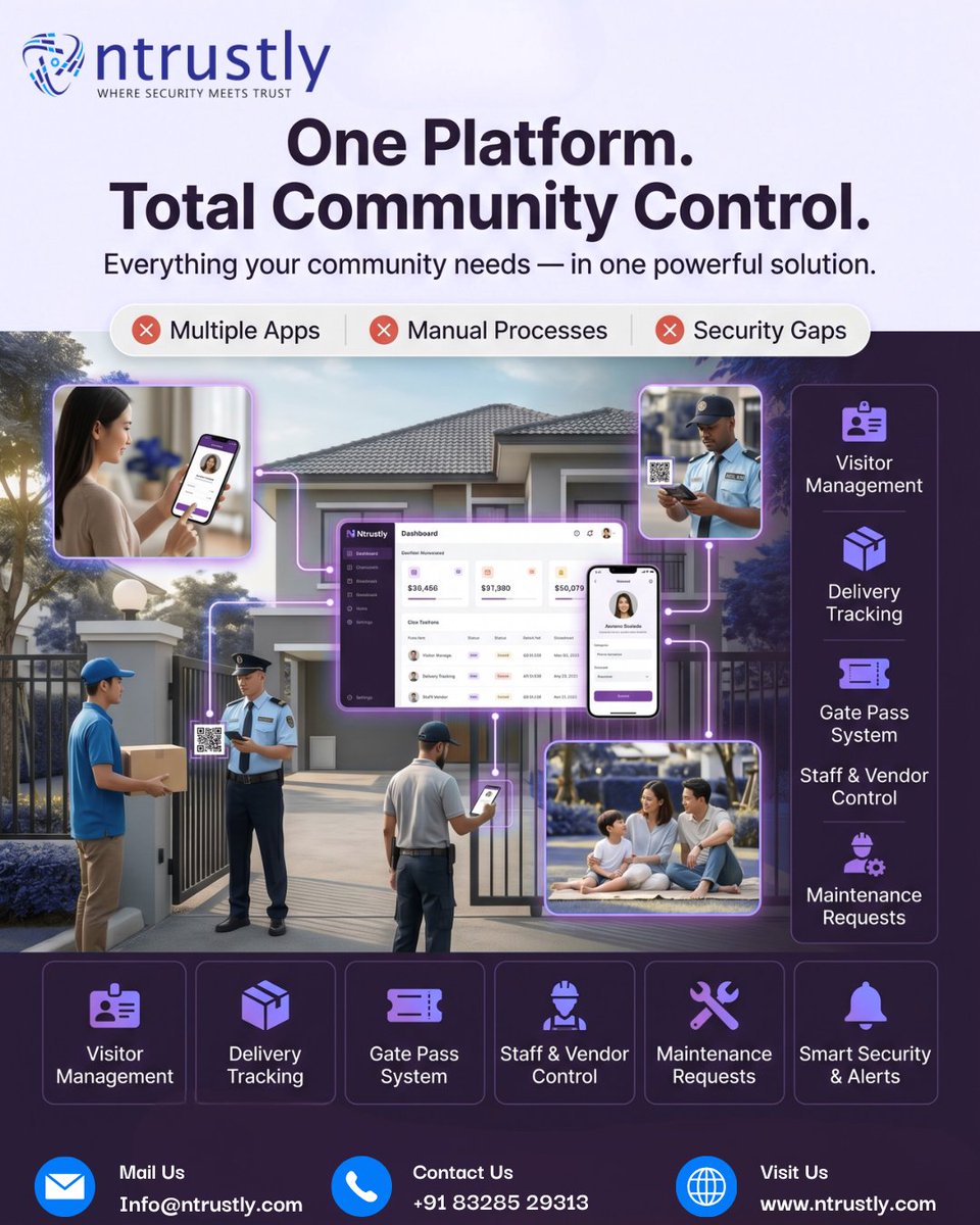 ntrustly's tweet image. Simplify community management with one platform—handle security, visitors, deliveries, staff, and maintenance efficiently while ensuring seamless operations and complete control.
🌐 𝐕𝐢𝐬𝐢𝐭 𝐔𝐬: ntrustly.com
#smartsecurity #visitormanagement #gatedcommunity