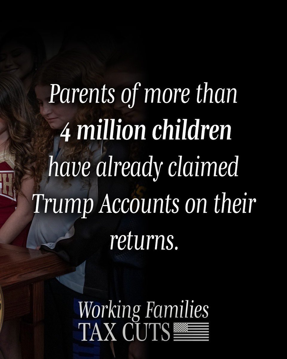 IowaGOP's tweet image. This tax season, parents of more than 4 million children have already claimed Trump Accounts on their returns.

These accounts provide a $1,000 seed deposit, courtesy of the Trump administration, giving the next generation a head start on the American Dream. 

For more