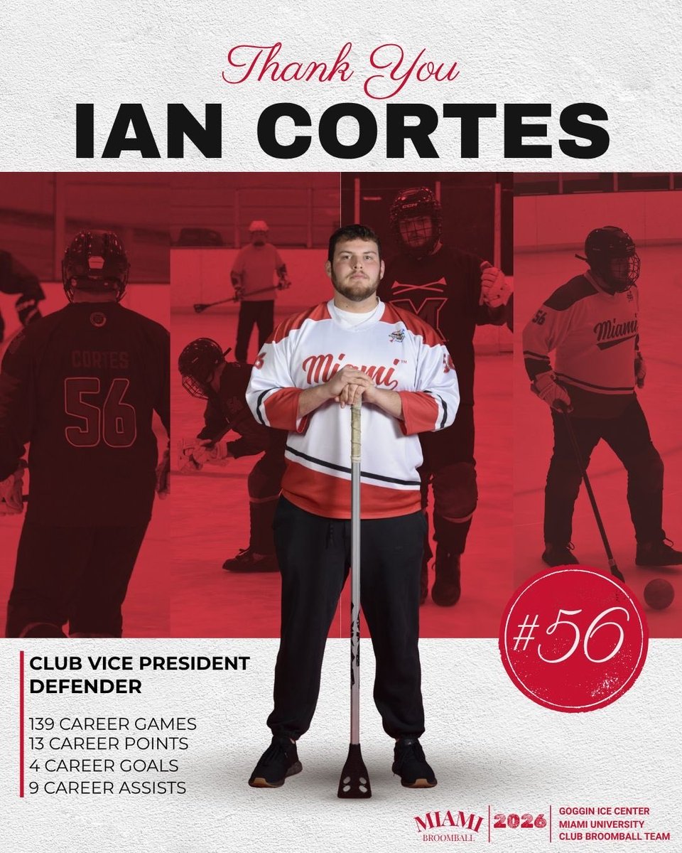 Our second Senior Spotlight goes to IAN CORTES! Thank you Ian for your commitment to our amazing team. Officially 3 DAYS TILL NATIONALS in Minneapolis!!

#seniorspotlight #loveandhonor #broomball #redhawks #miamioh