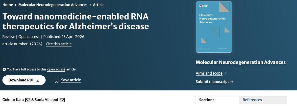 MolNeuroAdv's tweet photo. Toward #nanomedicine-enabled RNA therapeutics for #AlzheimersDisease

Goknur Kara &amp; Sonia Villapol @svillapol

https://t.co/NyZz9l6Jp0 https://t.co/GAxpshvrrT
