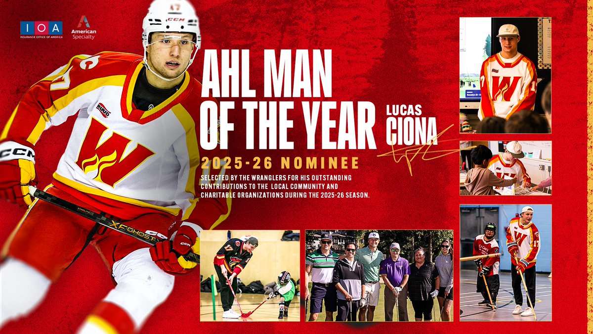 AHLWranglers's tweet photo. The Wranglers are proud to announce that Lucas Ciona has been named the Wranglers winner of the IOA/American Specialty AHL Man of the Year award for his outstanding contributions to the Calgary community during the 2025-26 season!

Lucas Ciona is now one of 32 finalists for the AHL’s 2025-26 Yanick Dupré Memorial Award, honouring the overall IOA/American Specialty AHL Man of the Year. The league award is named after the former Hershey Bears forward and AHL All-Star who died in 1997 following a 16-month battle with leukemia. The winner of the Yanick Dupré Memorial Award will be announced by the American Hockey League at a later date.