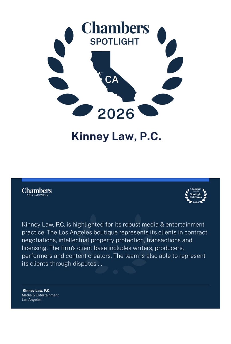 I’m excited to share that Kinney Law, PC was ranked in the 2026 California Spotlight by Chambers &amp; Partners as one of only 22 small to mid-sized law firms in the Los Angeles area being highlighted for excellence in the media and entertainment space.