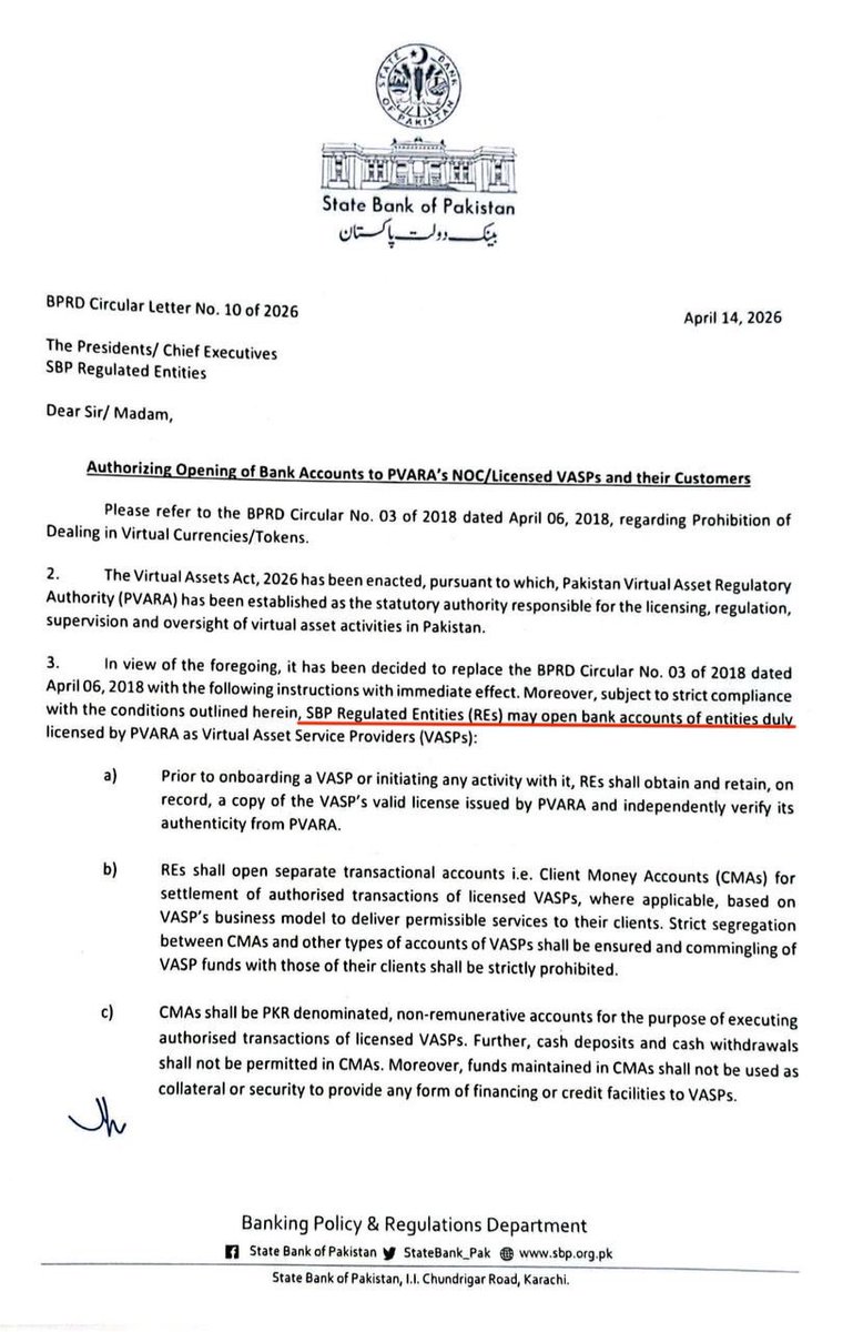 pakistanchain's tweet photo. 🇵🇰 Pakistan has taken a meaningful step in moving from “grey market” → “regulated ecosystem.”

After the Virtual Assets Act 2026
The State Bank of Pakistan (SBP) is now allowing banks to open accounts for Licensed crypto companies (VASPs) and their customers under strict rules. https://t.co/bnpDt4fOmt
