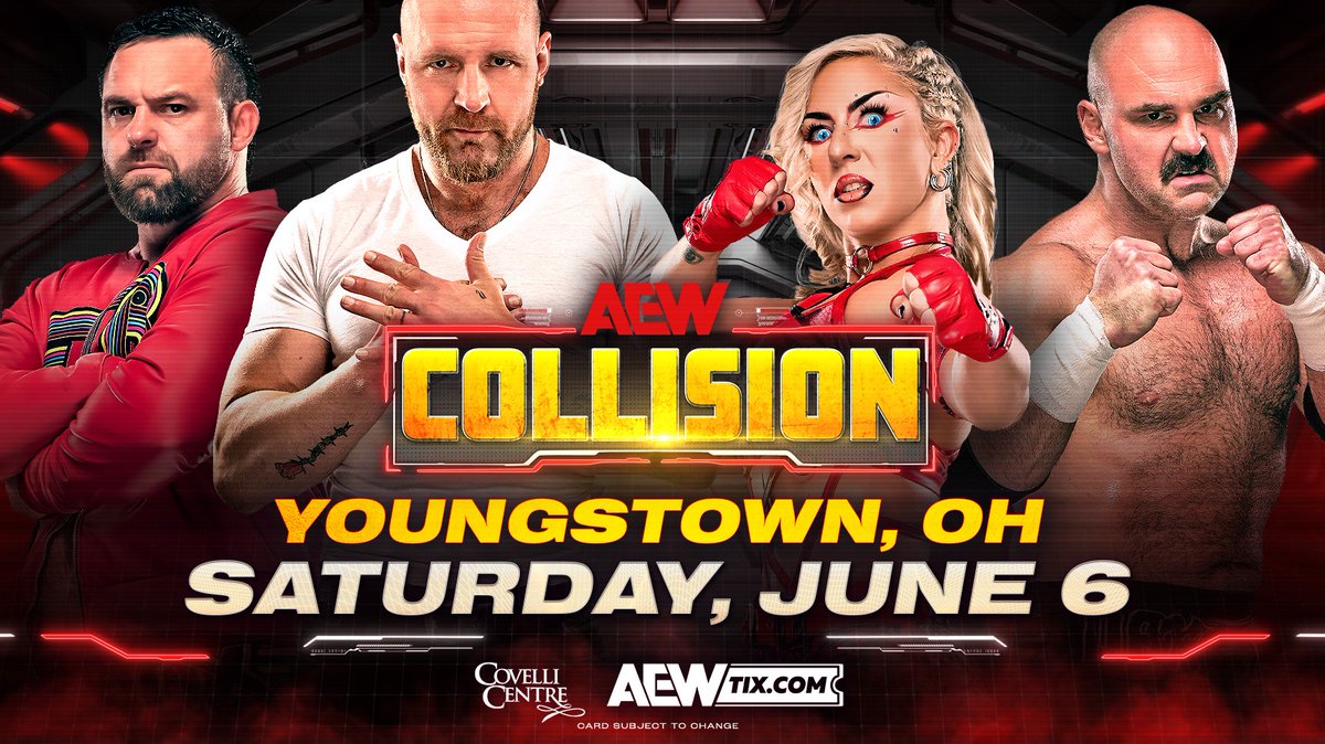 AEW's tweet photo. Youngstown! All Elite Wrestling is returning for the first time in two years this June with AEW Collision LIVE at the Covelli Centre on Saturday, June 6th. See the best wrestle, for the best price! Early seating access on sale NOW.