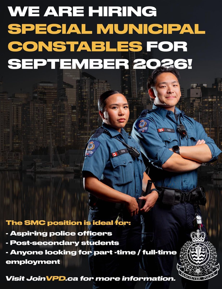 VPDRecruiting's tweet image. Are you ready to start your career in policing? 

Join our Special Municipal Constable (#SMC) program for hands-on experience supporting our front-line operations across #Vancouver! 

We're hiring for our September 2026 class! Don’t miss your chance to be part of a team that