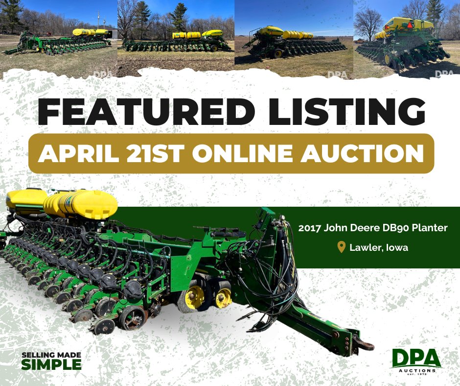 DPAauctions's tweet image. 🔥 Hot Listing  |  🗓️ April 21st Online Auction

🟢 2017 John Deere DB90 Planter
📍 Lawler, Iowa
💻 View Full Listing: na2.hubs.ly/H04TqLF0

--
#JohnDeereDB90 #Planter #BigAcreFarming #CCS #ElectricDrive #SeedStar #PrecisionAg #PlantingSeason #AgEquipment