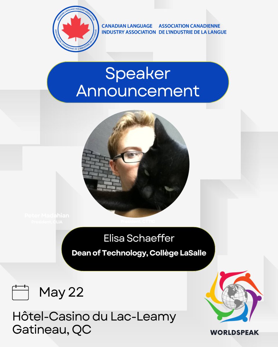 CLIA_ACIL's tweet image. Elisa Schaeffer, Dean of Technology at Collège LaSalle. is part of the amazing speaker lineup for WorldSpeak, taking place in Gatineau on May 22. 

Register here: bit.ly/48uktWM 

#LanguageIndustry #Traduction #Translation #Canada #Localization