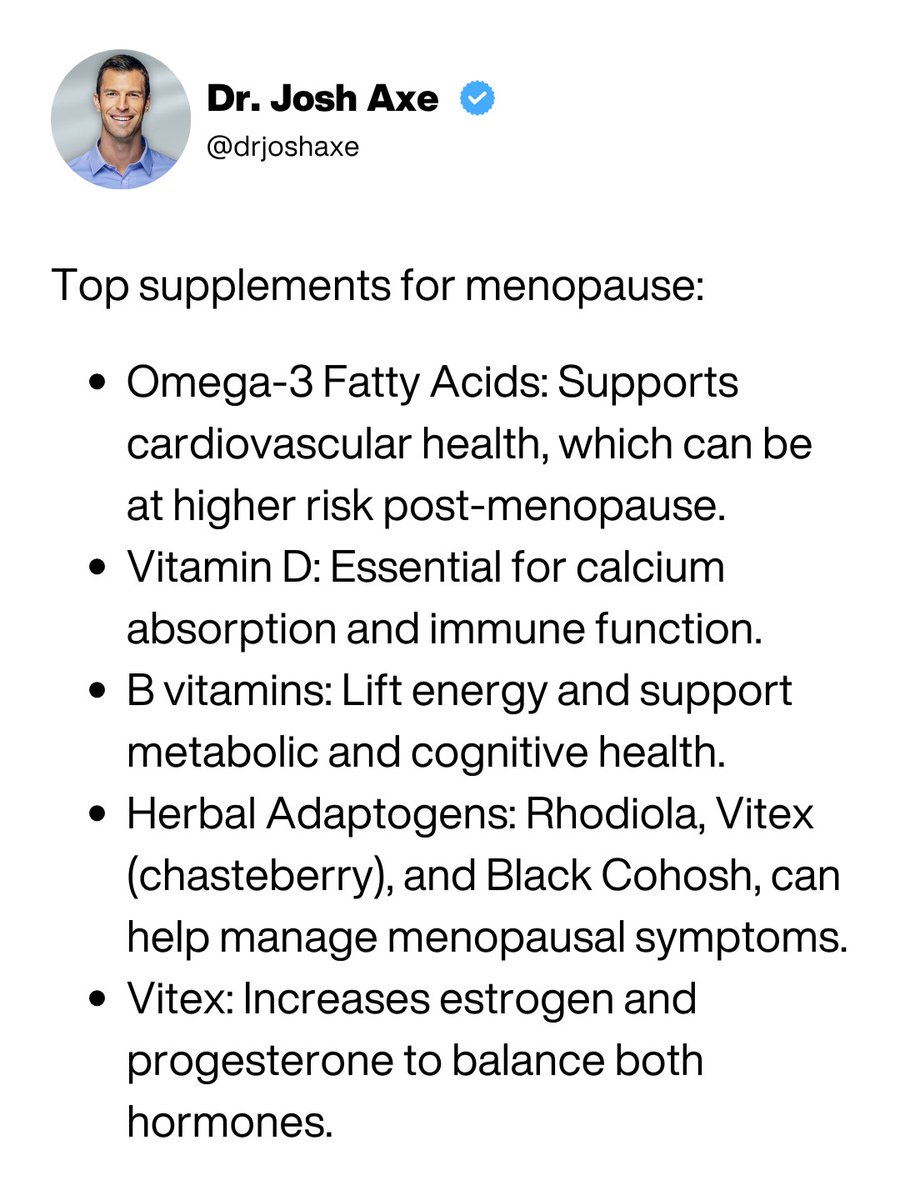 drjoshaxe's tweet image. Here are some of the top supplements and herbs I recommend for women navigating menopause…

#hormones #menopause #herbsformenopause #supplementsformenopause #healing
