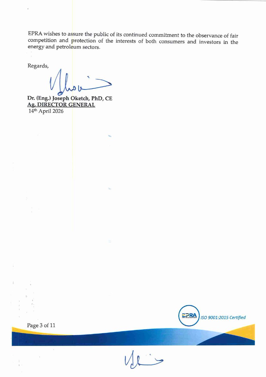 EPRA_KE's tweet image. In accordance with Section 101(y) of the Petroleum Act 2019 and Legal Notice No.192 of 2022, we have calculated the maximum retail prices of petroleum products which will be in force from 15th April 2026 to 14th May 2026.