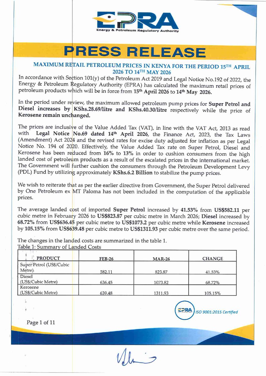 EPRA_KE's tweet image. In accordance with Section 101(y) of the Petroleum Act 2019 and Legal Notice No.192 of 2022, we have calculated the maximum retail prices of petroleum products which will be in force from 15th April 2026 to 14th May 2026.