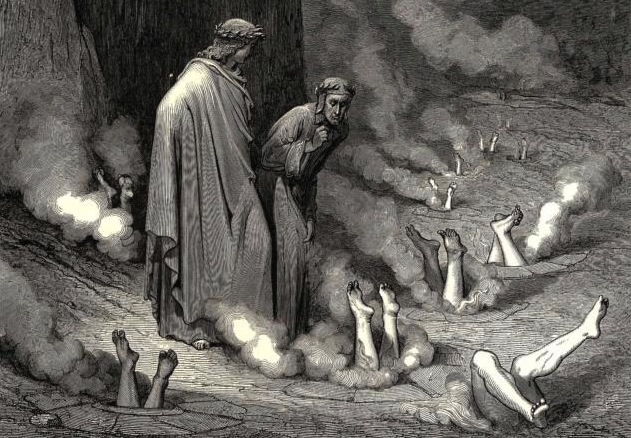 Inferno_LA's tweet photo. "I was one of those who wore the mighty mantle,
and surely was a son of the she—bear,
so eager to advance the cubs that I
pursed wealth above while here I purse myself.
Below my head there is the place of those
who took the way of simony before me..." https://t.co/C87Ba0kcGH https://t.co/lPSh5bGDSH