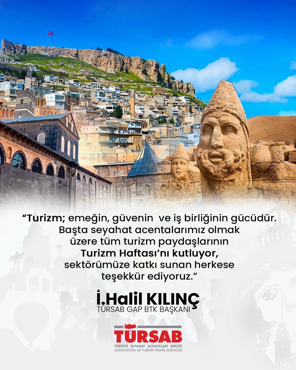 ihalilkilinc's tweet photo. “Turizm; emeğin, güvenin ve iş birliğinin gücüdür.
Başta seyahat acentalarımız olmak üzere tüm turizm paydaşlarının Turizm Haftası’nı kutluyor, sektörümüze katkı sunan herkese teşekkür ediyoruz.”
#TÜRSAB https://t.co/NKcv16KfCq