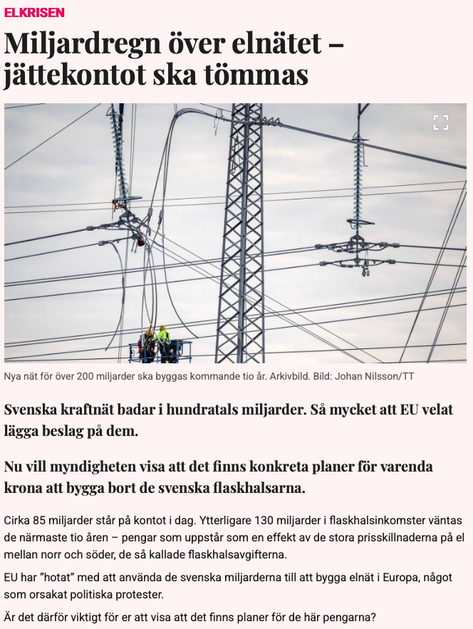 Svenska Kraftnät badar i 100 tals miljarder. Vi betalar för denna vinst via nätavgifter.
Vinsten såpass stor att EU vill beslagta den! Sverige måste omedelbart ut ur det alltmer fascistoida EU #Swexit #flaskhals 
tn.se/ekonomi/47352/…