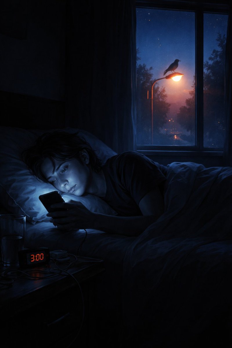 ruhinrhyme's tweet image. Screen glows at 3 a.m.
Thumb scrolls—up,down, #loop.
Same outrage,same meme reborn.
I swipe left on my own reflection.
Cursor blinks,hungry.
Loop whispers just one more.
But battery drips red.
Somewhere, bird mistakes
streetlight for sunrise.
I power down.
Silence hums.

#vss365