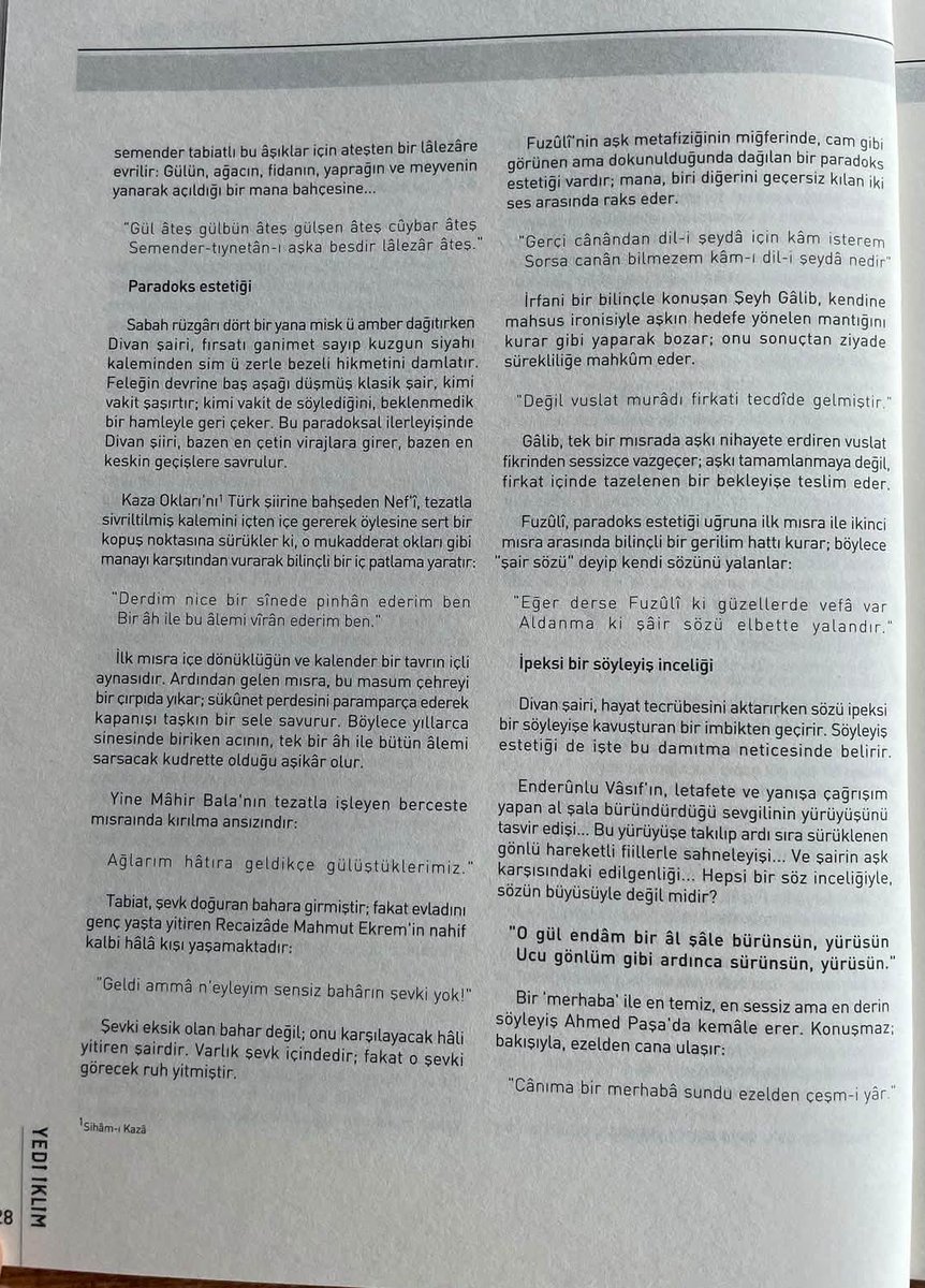 leyla_yildiz54's tweet photo. Yedi İklim’in Nisan (433.) sayısında, berceste beyitler üzerine kaleme aldığım yazıda; klasik Türk şiirinin az sözle çok şey söyleyen inceliğini, tezat estetiğini ve hikemî-tasavvufî derinliğini ele aldım.
#yediklim #leylayıldız54 #berceste #divanşiiri #leylayıldızyazıları https://t.co/FJ1dqLorNb