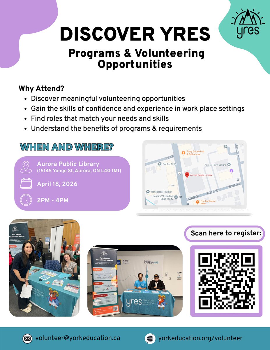 york_education's tweet image. 📍 Aurora Public Library (15145 Yonge St, Aurora)
📅 April 18, 2026
⏰ 2:00 – 4:00 PM

Whether you're a student looking to build skills or someone passionate about giving back, there’s something here for you!

#YRES #YorkRegion #VolunteerOpportunities #StudentLife