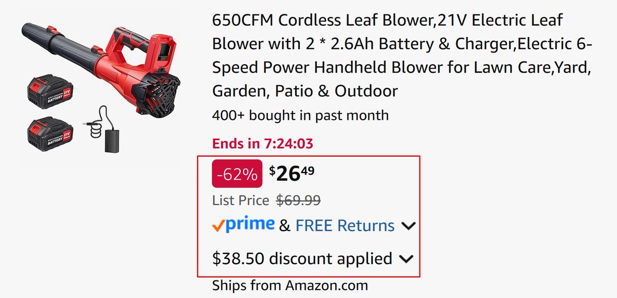 Pricerrors's tweet image. PROMO STACKING FOR $26 LEAF BLOWER

On lightning deal, auto 30% off, then clip coupon on page

Total should come to just $26 from $70

Lightning deal almost sold out

pricedoffers.com/axjpk #ad