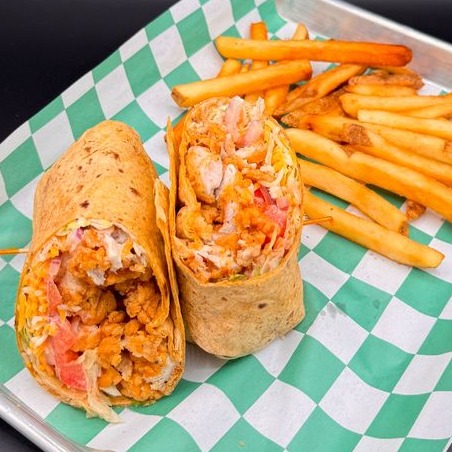 Wrap it up on Wednesday with our Chicken Wrap! Crispy chicken, melty cheese, red onion, tomato, and ranch all hugged in a sundried tomato wrap. Feeling spicy? Add buffalo sauce and turn up the flavor heat!