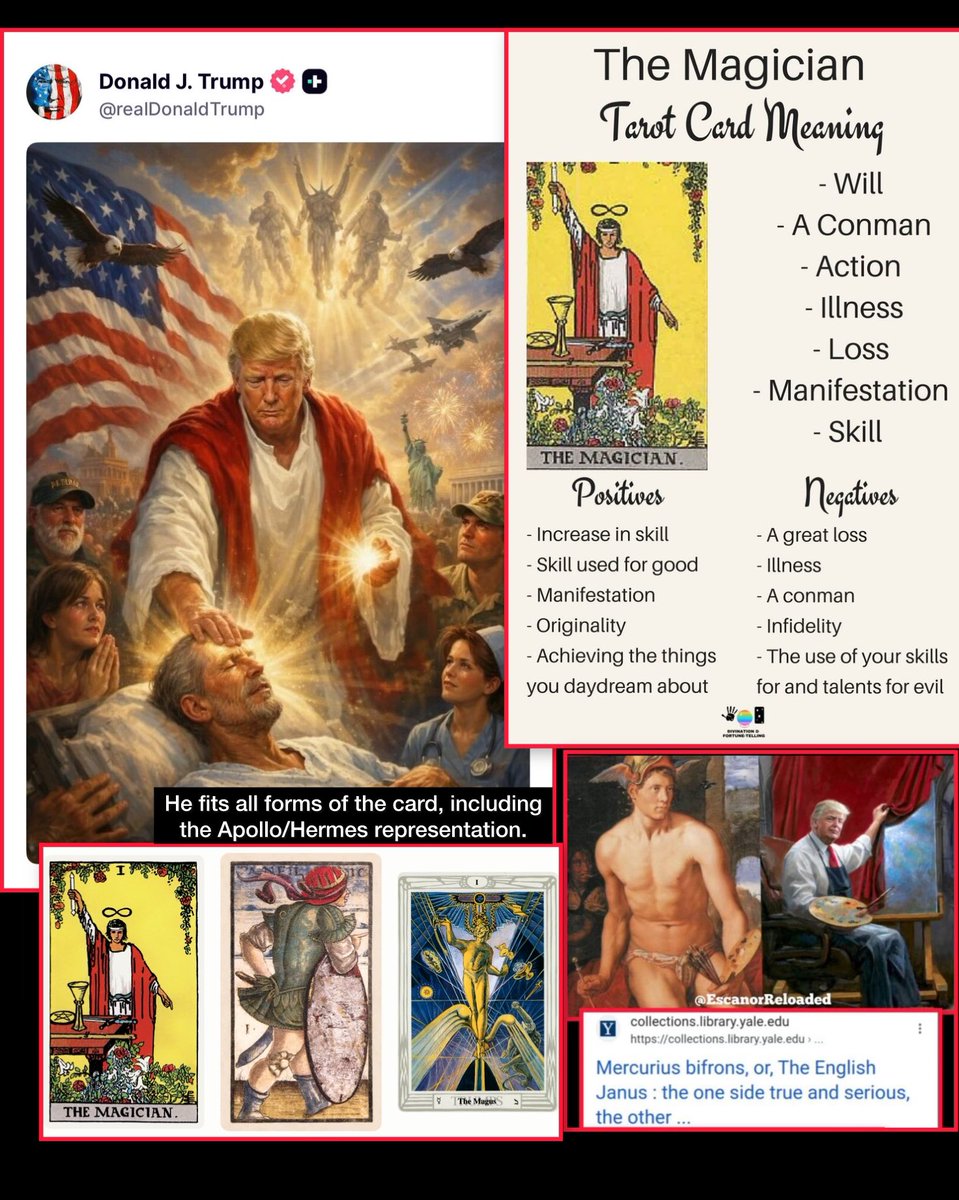 EscanorReloaded's tweet image. Donald Trump the Chaos Mage

He perfectly represents almost all Magician tarot cards. 
Even the Hermes/Apollo variations. 
MAGA 🧙‍♀️ 

The self proclaimed “King of the Jews”
A bad Don. 
Abaddon &amp;amp; Apollyon

Revelation 9:11 says, “And they had a king over them, the angel of the