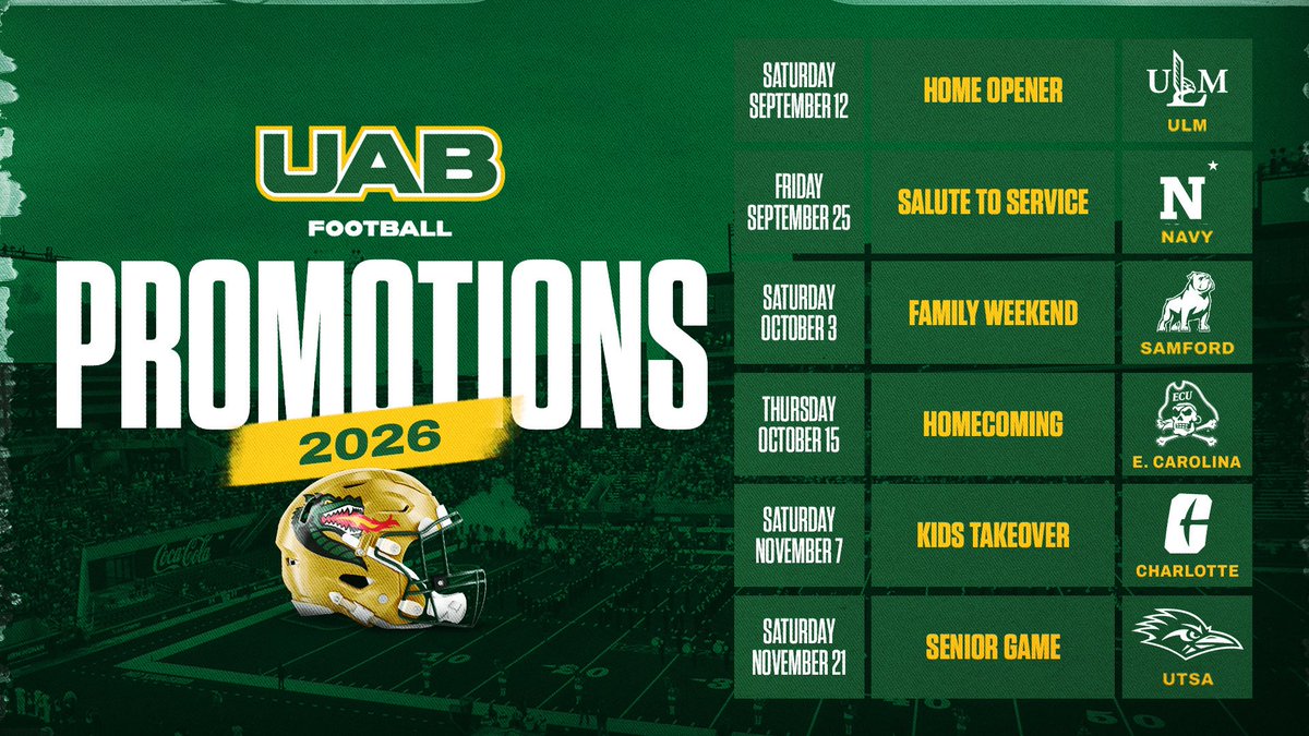 UAB_FB's tweet image. 📆 𝙈𝙖𝙧𝙠 𝙔𝙤𝙪𝙧 𝘾𝙖𝙡𝙚𝙣𝙙𝙖𝙧...𝙋𝙧𝙤𝙩𝙚𝙘𝙩𝙞𝙫𝙚 𝙞𝙨 𝙩𝙝𝙚 𝙋𝙡𝙖𝙘𝙚 𝙩𝙤 𝘽𝙚!

9/12 🦅 Home Opener
9/25 ⚓ Salute to Service
10/3 🐶 Family Weekend
10/15 🏴‍☠️ Homecoming 
11/7 ⛏️ Kids Takeover
11/21 🐦 Senior Day 

#WinAsOne
