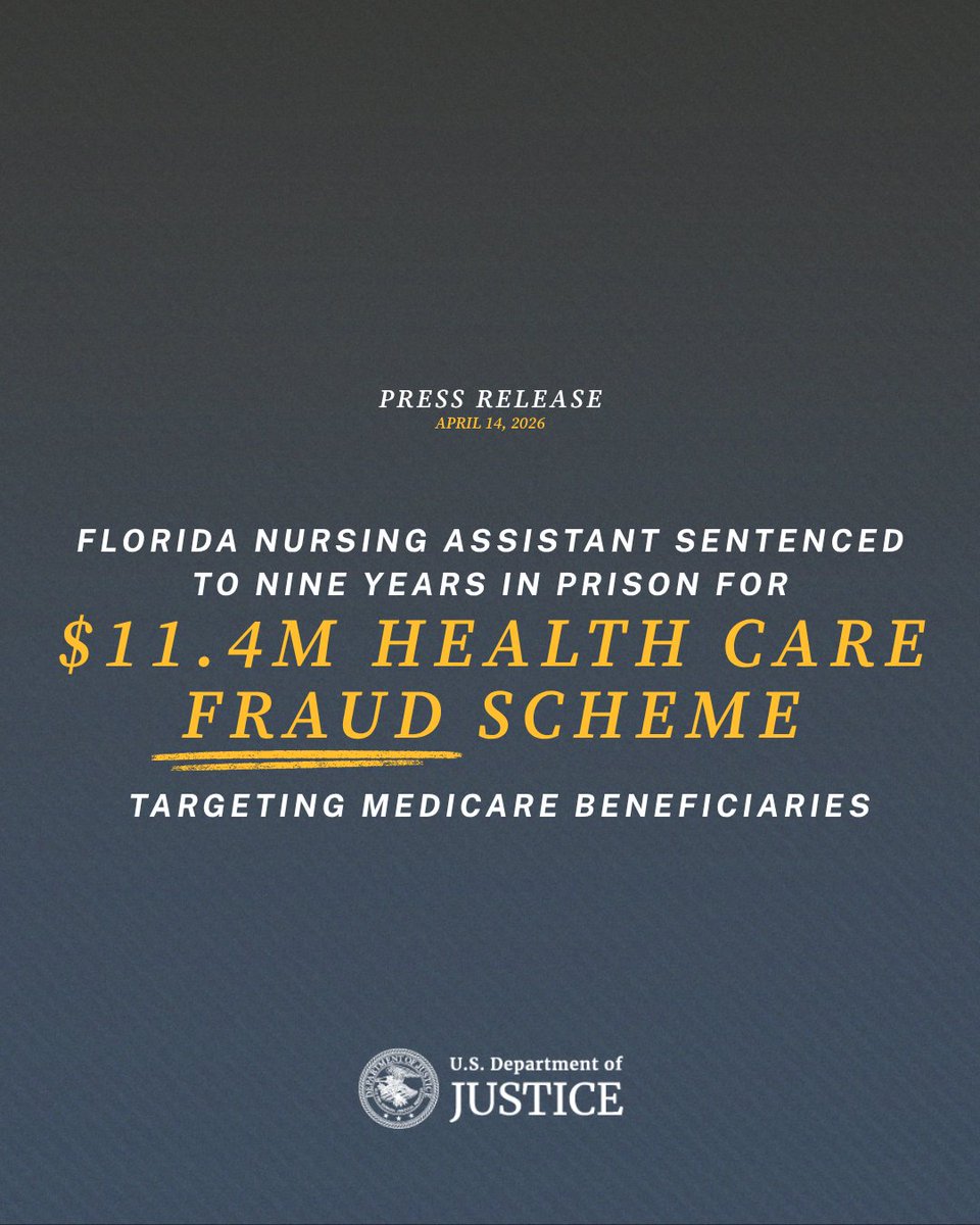 TheJusticeDept's tweet image. Florida Nursing Assistant Sentenced to Nine Years in Prison for $11.4M Health Care Fraud Scheme Targeting Medicare Beneficiaries

“Medical professionals have a trusted role in American society, and when they betray that trust and engage in fraud, the Justice Department will hold