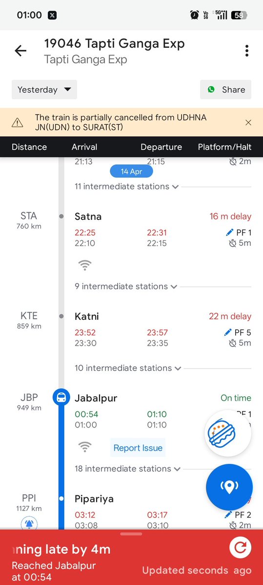 write2sourabh's tweet photo. @ixigo Look at the screenshot, the train has not reached Jabalpur station yet, but your app is showing that it has reached on time. This app always gives wrong information. https://t.co/pXJArpN0Nc