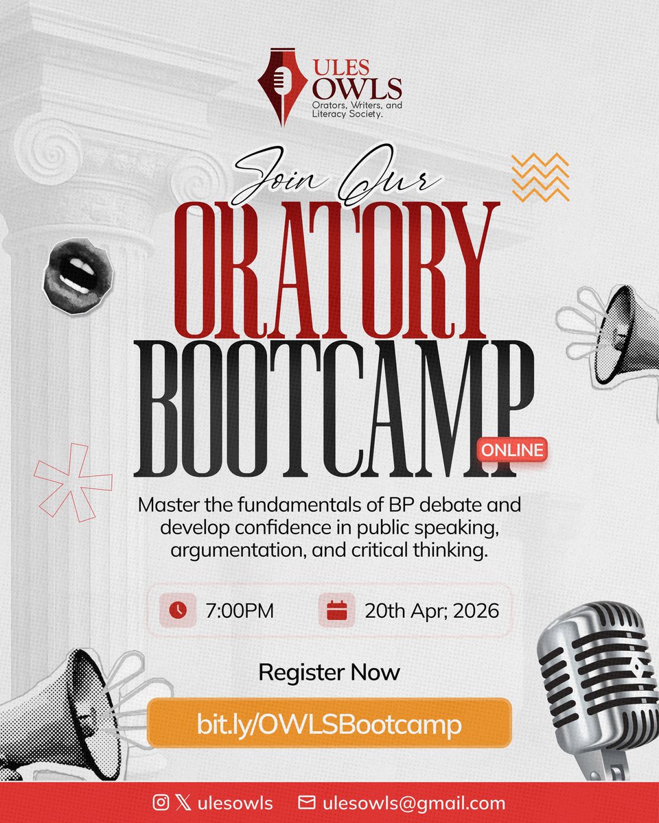 ulesowls's tweet photo. You don’t just stumble into becoming a great speaker.
You train for it.

Welcome to the ULES OWLS Oratory Bootcamp.🦉🎤

Ready to own your own voice? Secure your seat via the link below. 👇

🔗: https://t.co/gmlmDGjIuZ

#publicspeaking #bootcamp https://t.co/kLxfQEXFbt