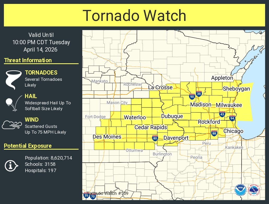 A tornado watch has been issued for parts of Illinois, Iowa, Minnesota and Wisconsin until 10 PM CDT