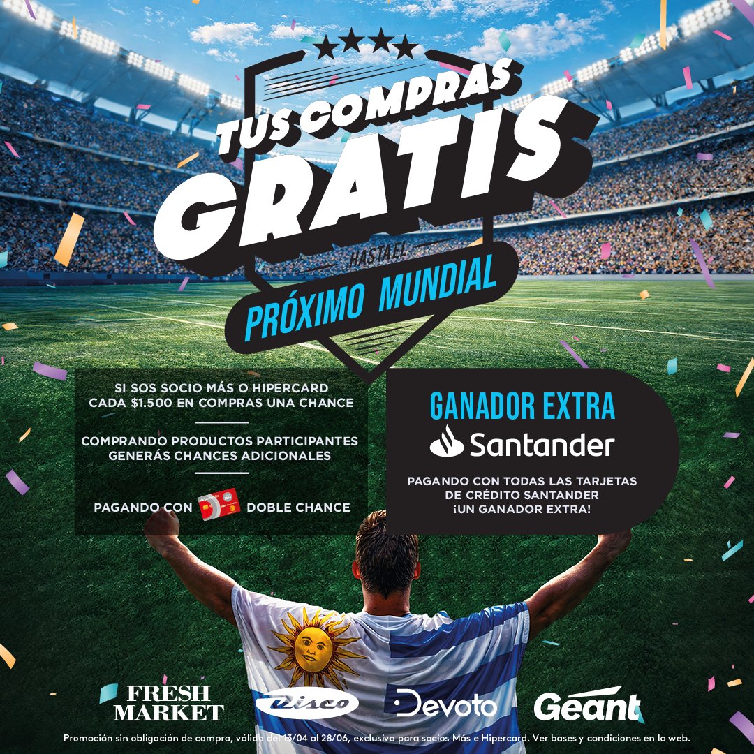 devoto_uy's tweet photo. Tus compras gratis hasta el próximo Mundial ⚽

Cada vez que elegís, llenás el carrito y pasás por caja, estás un paso más cerca de un premio gigante 😱

🗓️Del 13/04 al 28/06, solo en Fresh Market, Disco, Devoto y Géant

¡No te lo podés perder! 🙌 https://t.co/7HSQtAtCkz