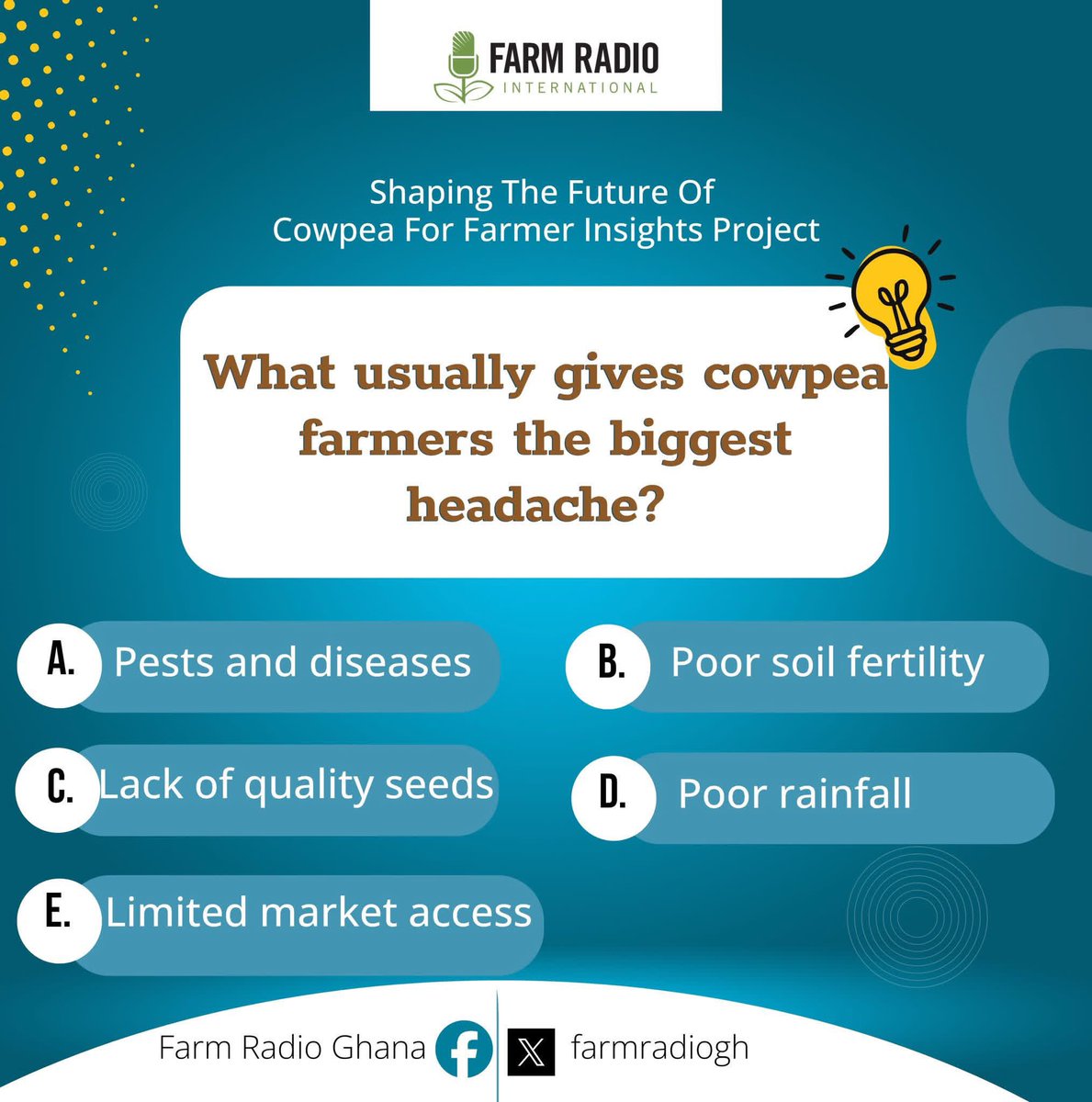 farmradiogh's tweet photo. We want to hear from you!
Your voice matters—comment your answers to help shape the future of cowpea.
#FarmerVoicesMatter #SFCProject #RadioForChange #ghana #DevelopmentCommunication https://t.co/YDuGASXk4M