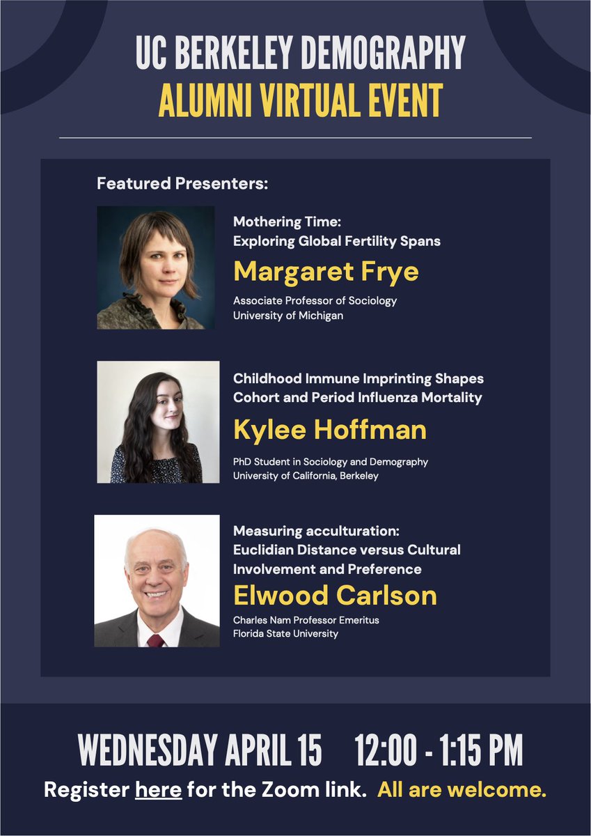 BPC_UCBerkeley's tweet photo. Join us tomorrow, April 15, at noon (PT) for our Brown Bag Seminar. We will be holding a special virtual event that will feature presentations by two UC Berkeley Demography Department alumni and a current Demography and Sociology PhD.

Register to attend: https://t.co/2bTcolyeiN https://t.co/16UN0D9zNF