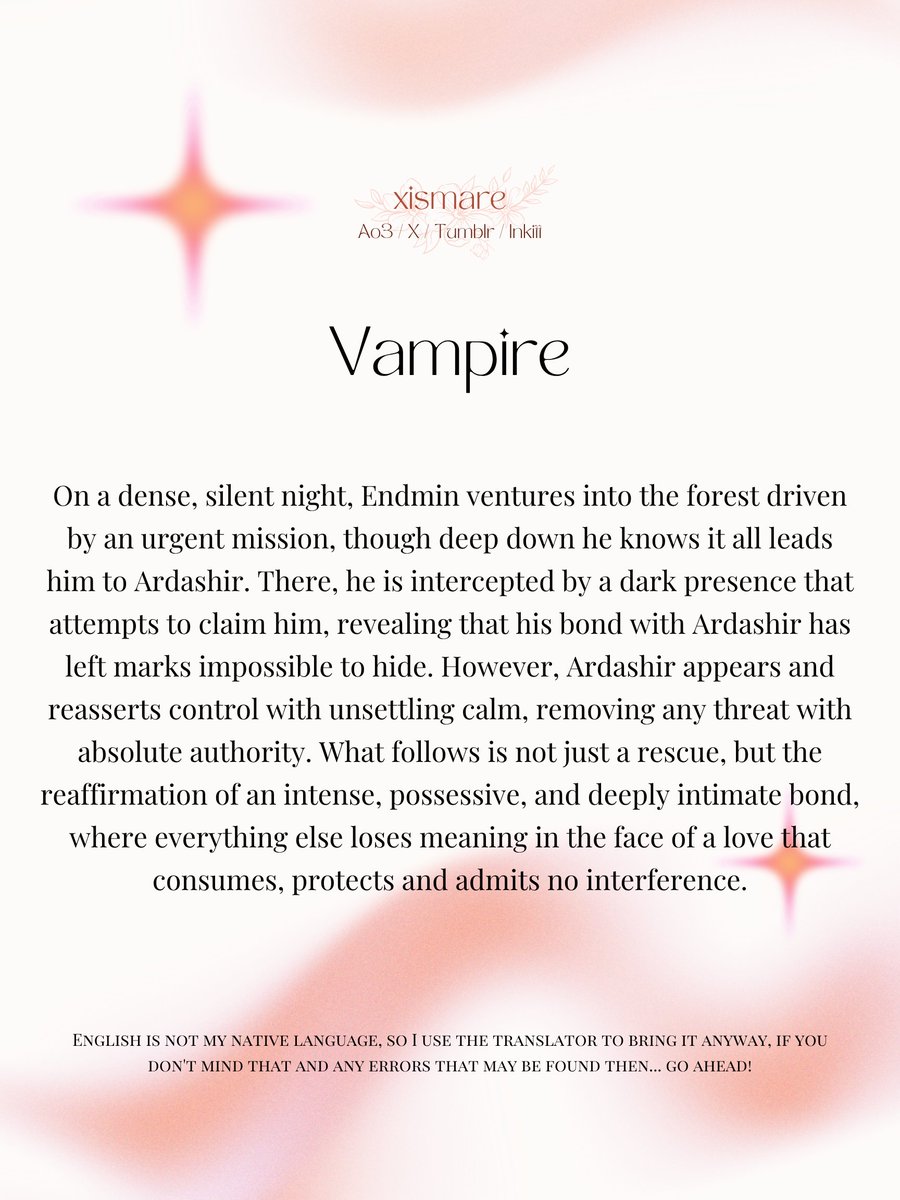 xismare's tweet photo. •*˚✩ Vampire / Vampiro ✩˚*•

ao3: eng: https://t.co/fEce6Jj9Tc esp: https://t.co/KTj8e7LPPq 
Tumblr: https://t.co/dUuXtAKOto
Wattpad (ESP): https://t.co/6GlbAL4d9k

#ardaminA #endfield #Ardashir #endmin https://t.co/ij5cGZ3P9n