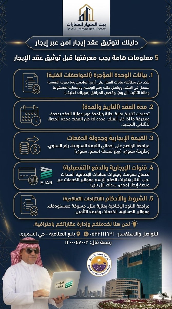 AlmayarBitnx's tweet photo. #ينبع_الصناعية
#عقارات_السعودية
#المدينة_المنورة
​🏠 دليلك الشامل لتوثيق عقد إيجار آمن | بيت المعيار للعقارات
​لأننا في بيت المعيار نؤمن بأن الشفافية هي أساس الثقة، نضع بين يديك 5 ركائز أساسية يجب مراجعتها بدقة قبل إتمام عملية التوثيق عبر منصة "إيجار":
​1. بيانات الوحدة المؤجرة (المواصفات الفنية)
​تأكد من مطابقة بيانات العقار على أرض الواقع مع ما هو مسجل في العقد، ويشمل ذلك:
​رقم الوحدة، مساحتها، ومرافقها.
​حالة التأثيث (إن وجد) وفحص المرافق (كهرباء، مياه، تكييف).
​2. مدة العقد (التاريخ والمدة)
​تحديد تاريخ بداية ونهاية العقد بدقة، ومعرفة ما إذا كان العقد:
​محدد المدة: ينتهي بنهاية الفترة المتفق عليها.
​تلقائي التجديد: يتجدد لفترة مماثلة ما لم يخطر أحد الطرفين الآخر بغير ذلك.
​3. القيمة الإيجارية وجدولة الدفعات
​الاتفاق الواضح على:
​إجمالي القيمة السنوية.
​طريقة تقسيم الدفعات (شهري، ربع سنوي، نصف سنوي، أو سنوي).
​4. قنوات الدفع المعتمدة
​لضمان حقوقك وتوثيق عمليات السداد آلياً، يجب الالتزام بقنوات الدفع الرسمية عبر منصة إيجار (مدى، سداد، أو أبل باي)، حيث لا يُعتد بالتحويلات الخارجية أو المبالغ النقدية في إثبات السداد رسمياً.
​5. الشروط والأحكام (الالتزامات التعاقدية)
​مراجعة البنود الإضافية بعناية، مثل:
​مسؤولية الصيانة (الدورية والجسيمة).
​فواتير الخدمات (الكهرباء والمياه).
​قيمة التأمين وكيفية استردادها عند الإخلاء.
​💡 نصيحة بيت المعيار:
التوثيق الإلكتروني ليس مجرد إجراء نظامي، بل هو ضمانة قانونية تحمي المالك والمستأجر على حد سواء.
​نحن هنا لخدمتكم وإدارة عقاراتكم باحترافية.
📍 المركز الرئيسي: ينبع الصناعية - حي السميري - البستان بلازا.
📞 للتواصل والاستفسار: 0533111631
رخصة فال: 1200047003
#القطاع_العقاري
#رؤية_السعودية_2030
#الاستثمار
#الاقتصاد
#إيجار
#عقارات